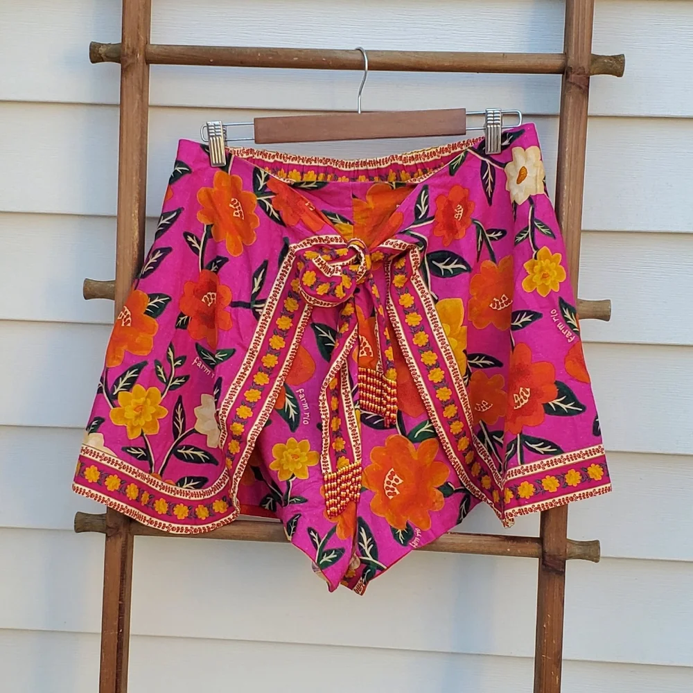 FARM Rio Floral High Waist Shorts in Pink and Orange - Picture 7 of 12